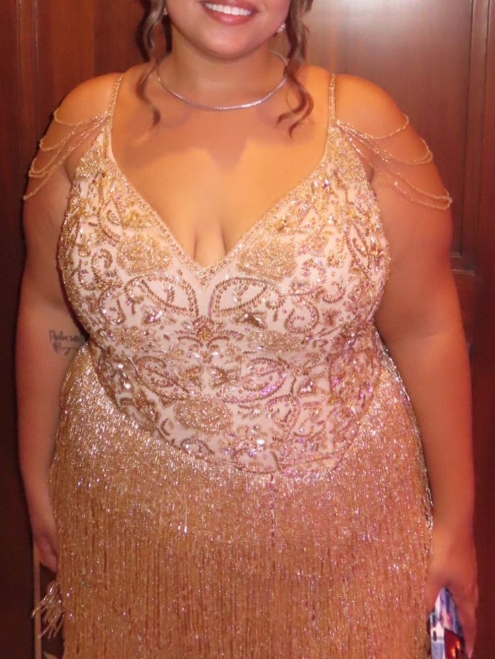 Amarra 94047 gold beaded fringe dress